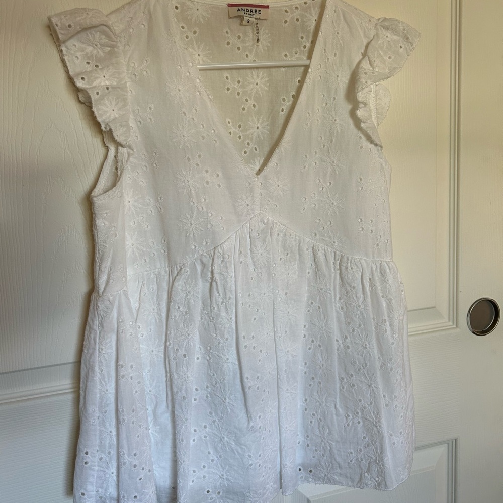 White eyelet detail flounce blouse